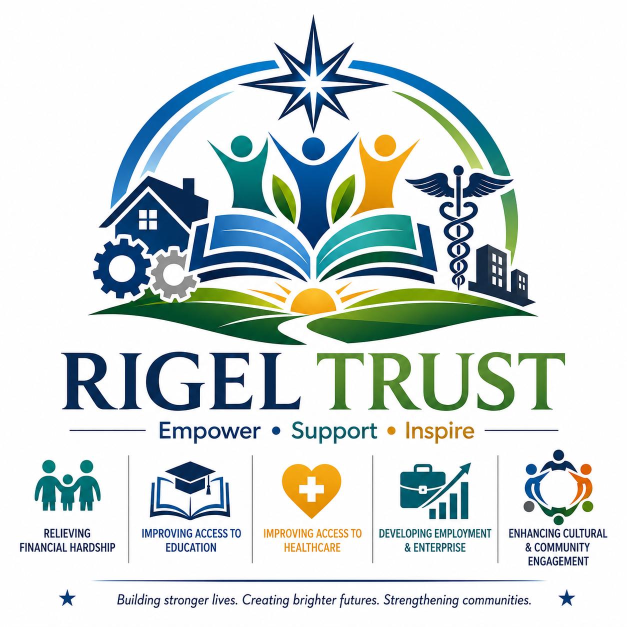 Rigel Trust full brand logo showing the five pillars: financial hardship, education, healthcare, employment and community engagement